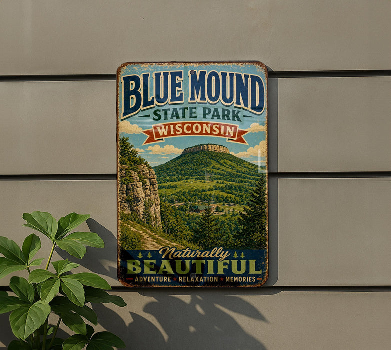 A vintage-style metal sign for Blue Mound State Park in Wisconsin, featuring a scenic mountain landscape with trees and a winding path.