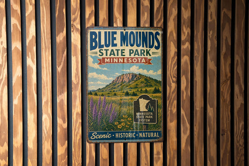 A vintage metal sign for Blue Mounds State Park in Minnesota, featuring a scenic landscape with mountains, wildflowers, and a pine tree.