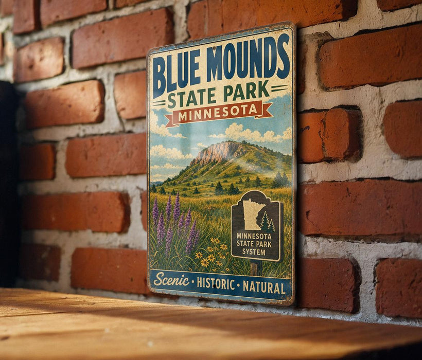 A vintage metal sign for Blue Mounds State Park in Minnesota, featuring a scenic landscape with mountains, flowers, and a sign for the Minnesota State Park System.