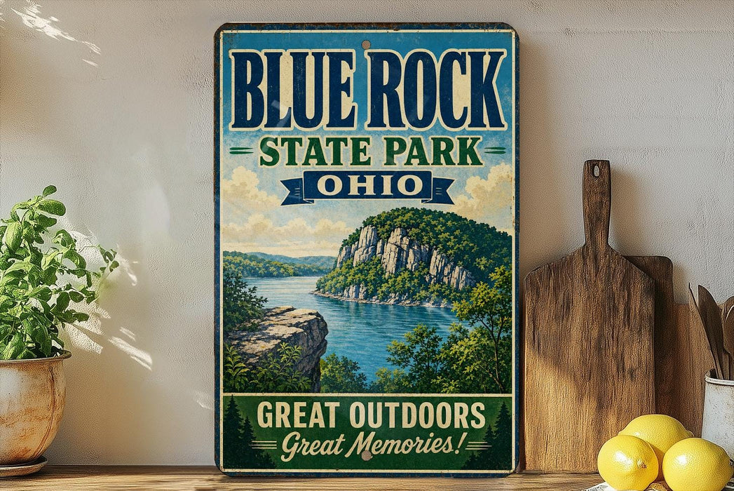 A vintage-style sign for Blue Rock State Park in Ohio, featuring a scenic landscape with a lake and mountains.