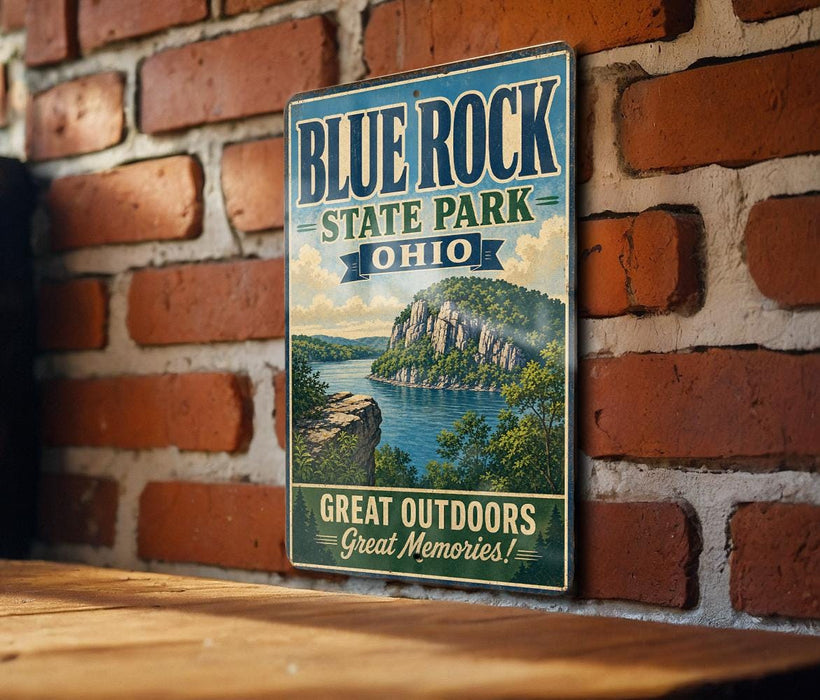A vintage-style sign for Blue Rock State Park in Ohio, featuring a scenic landscape with a lake and mountains.