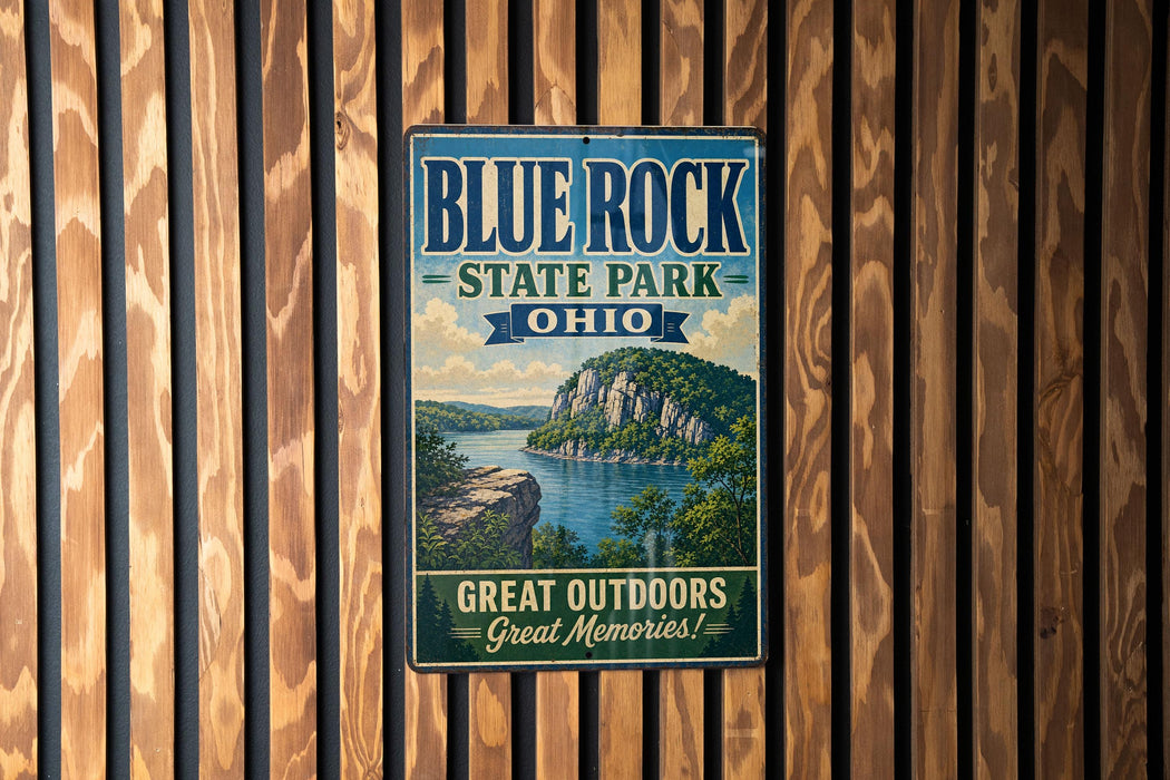 A vintage-style metal sign for Blue Rock State Park in Ohio, featuring a scenic landscape with a lake and mountains.