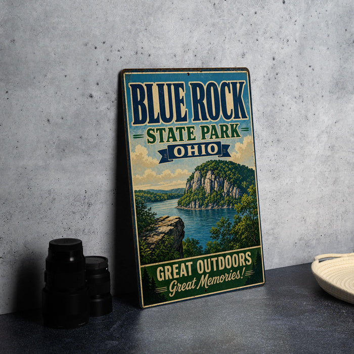 A vintage-style sign for Blue Rock State Park in Ohio, featuring a scenic landscape with a lake and mountains.