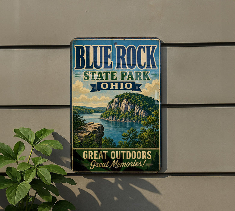 A vintage-style sign for Blue Rock State Park in Ohio, featuring a scenic landscape with a lake and mountains.