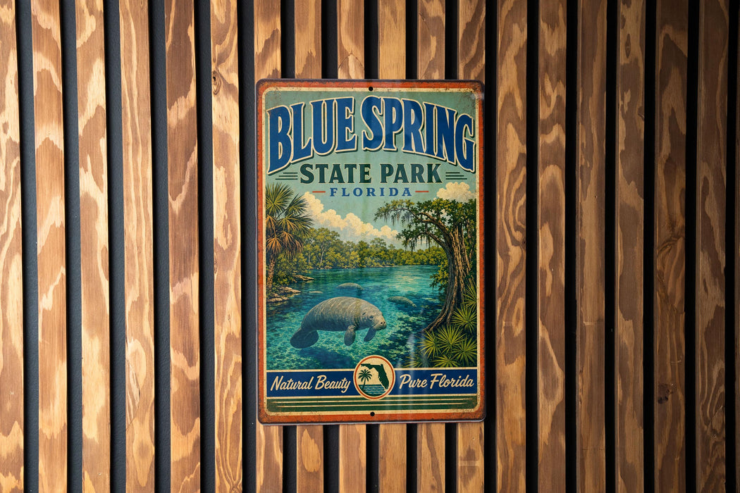 A vintage-style metal sign for Blue Spring State Park in Florida, featuring a scenic illustration of a manatee in a body of water surrounded by palm trees.