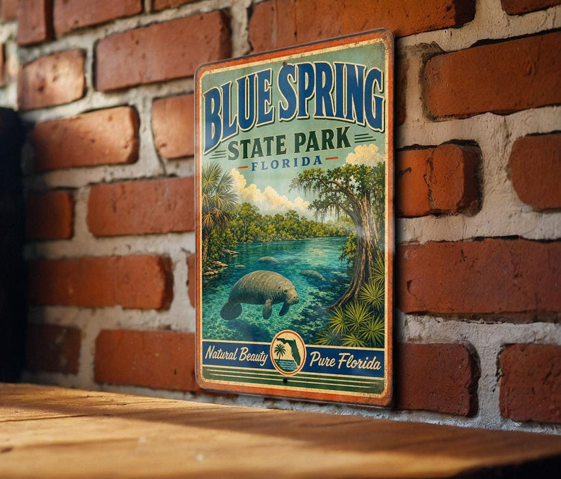 A vintage-style metal sign for Blue Spring State Park in Florida, featuring a manatee and a scenic landscape.