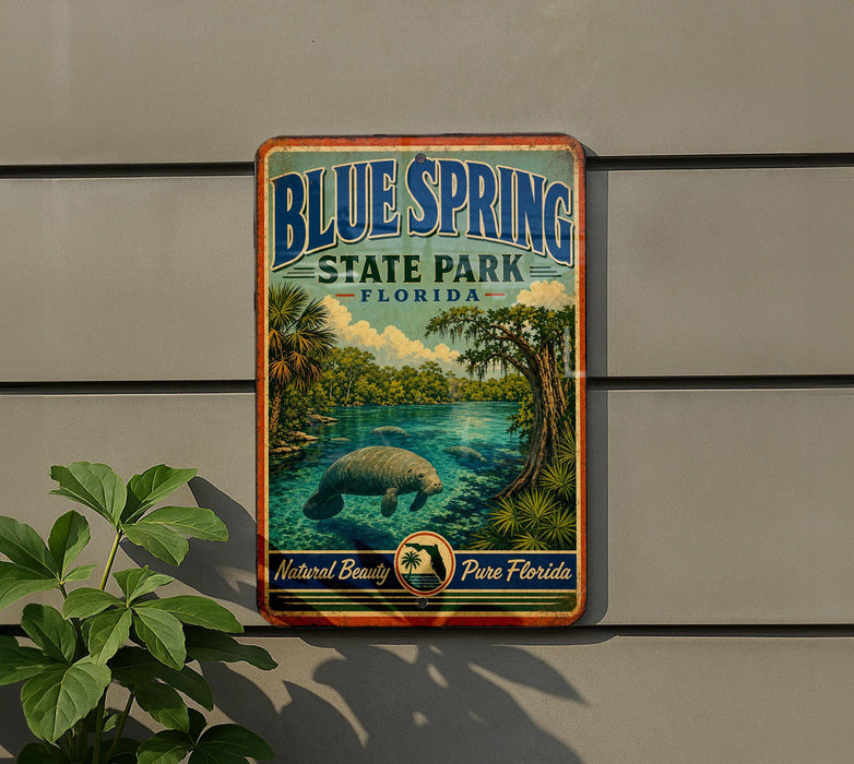 A vintage-style metal sign for Bluespring State Park in Florida, featuring a manatee and a tropical landscape.