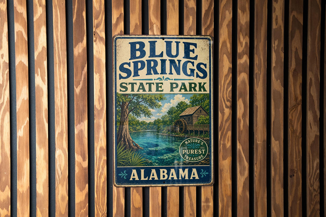 A vintage metal sign for Blue Springs State Park in Alabama, featuring a scenic illustration of a river, trees, and a wooden cabin.