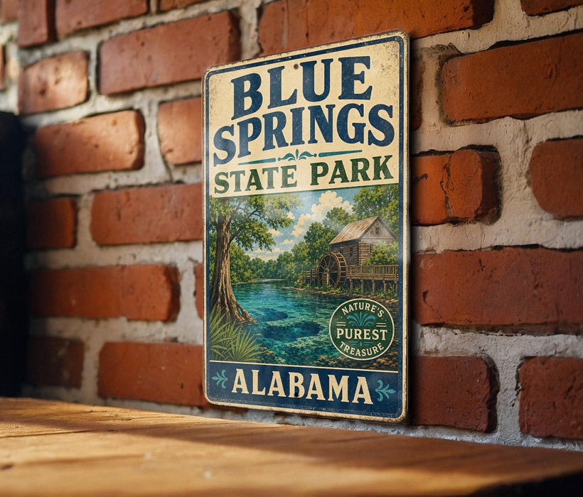 A vintage metal sign for Blue Springs State Park in Alabama, featuring a scenic illustration of the park's natural surroundings.