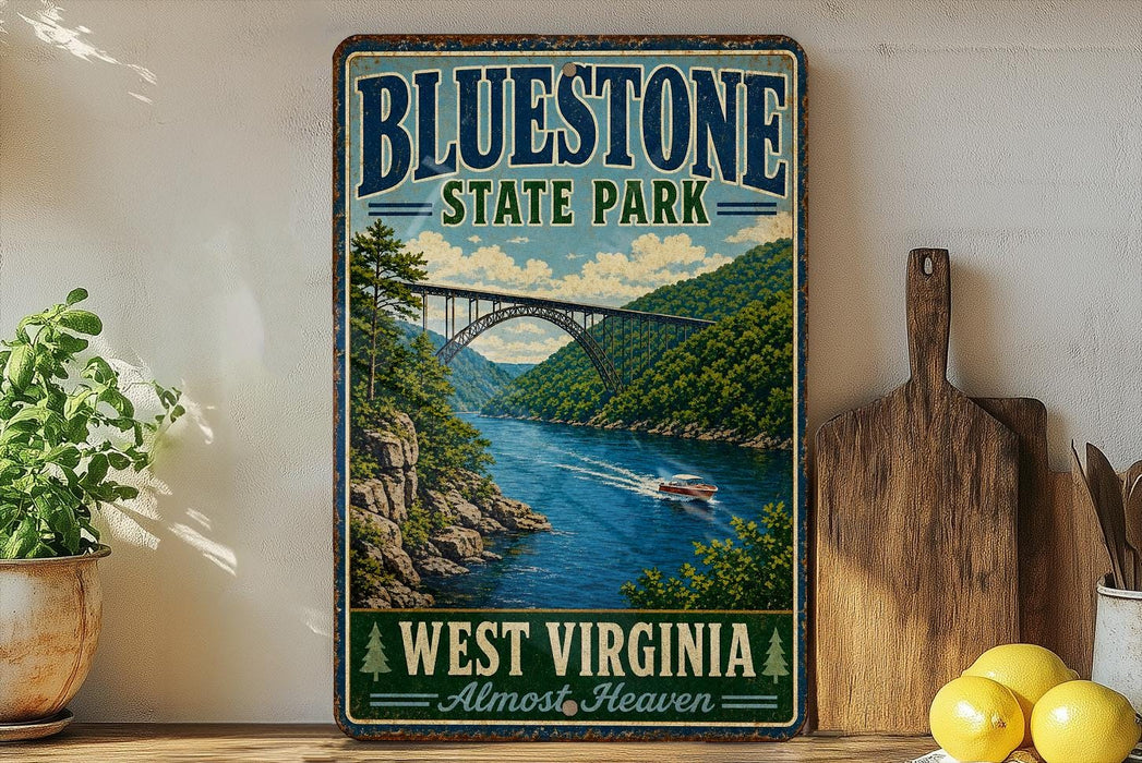 A vintage-style sign for Bluestone State Park in West Virginia, featuring a scenic image of a bridge over a river surrounded by lush greenery.