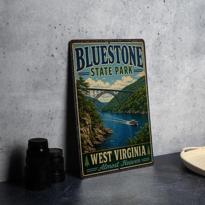 A vintage-style metal sign for Bluestone State Park, featuring a scenic image of a bridge over a river with a boat, surrounded by lush greenery.