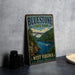 A vintage-style metal sign for Bluestone State Park, featuring a scenic image of a bridge over a river with a boat, surrounded by lush greenery.