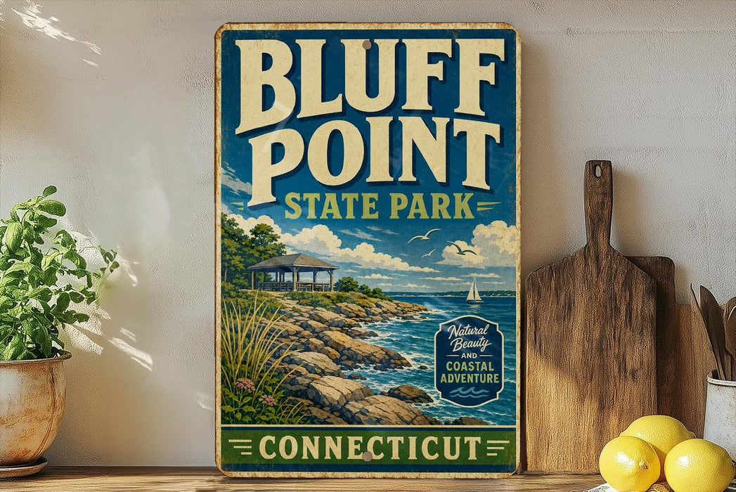 A vintage-style sign for Bluff Point State Park in Connecticut, featuring a coastal landscape with a house, boats, and a lighthouse.