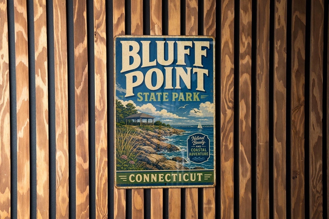 A vintage-style sign for Bluff Point State Park in Connecticut, featuring a scenic coastal landscape with a sailboat and rocky shoreline.