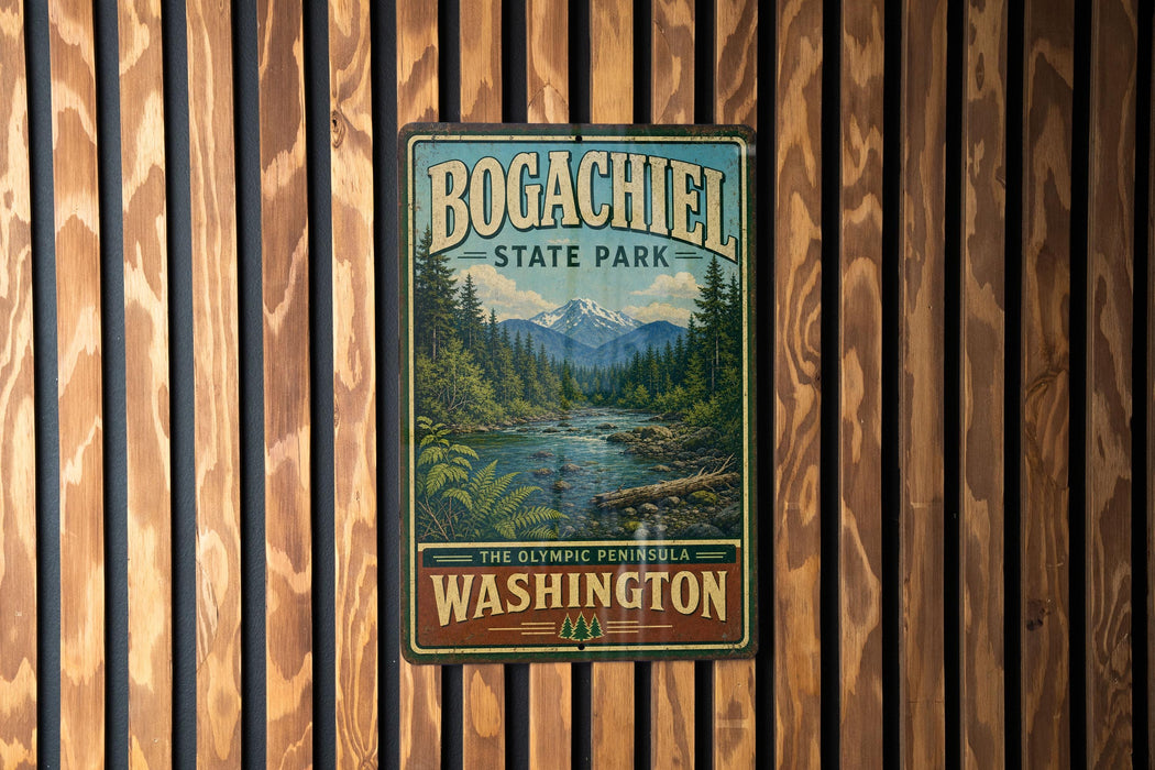 A vintage-style metal sign for Bogachiel State Park in Washington, featuring a scenic mountain landscape with a river and pine trees.