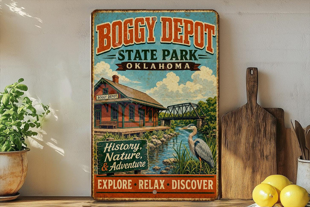 A vintage-style sign for BOGGY DEPOT STATE PARK, Oklahoma, featuring a train station and a bird in the foreground.