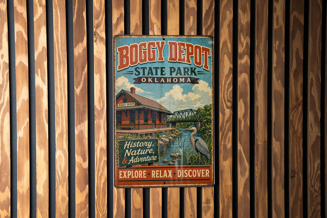 A vintage metal sign for Boggy Depot State Park in Oklahoma, featuring a scenic illustration of a train station and a bird in the foreground.