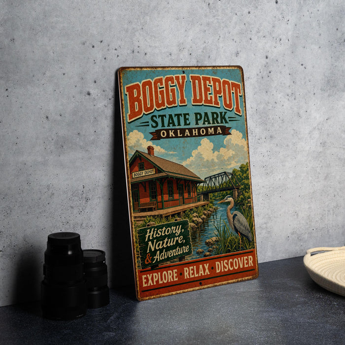 A vintage-style metal sign for Boggy Depot State Park, Oklahoma, featuring a red and blue color scheme and an illustration of a train station.