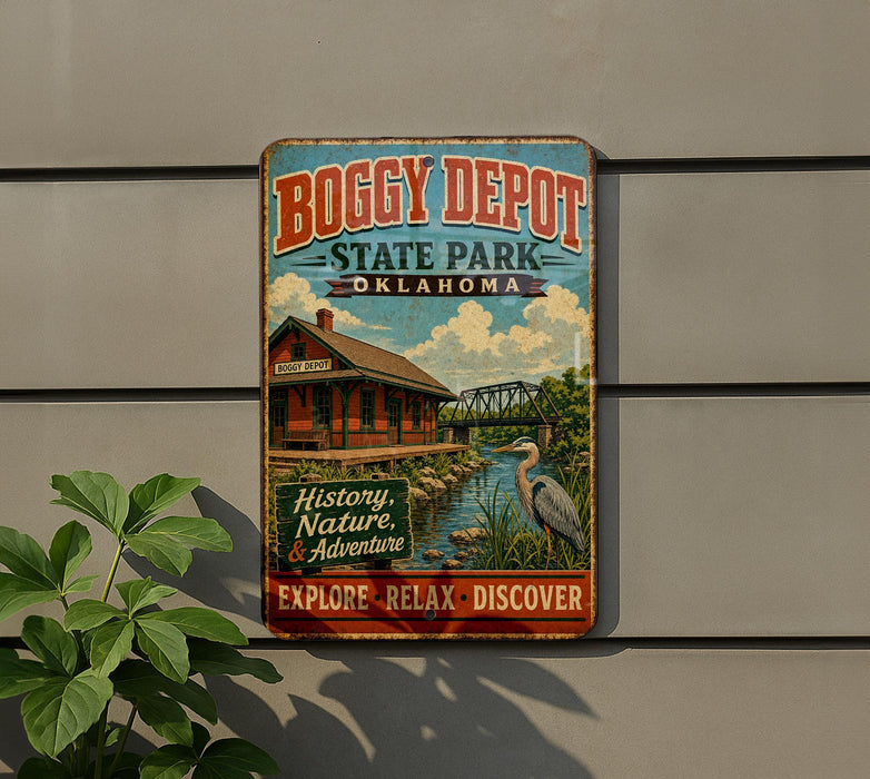 A vintage-style metal sign for BOGGY DEPOT State Park, Oklahoma, featuring a train station and a bird in the foreground.