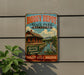 A vintage-style metal sign for BOGGY DEPOT State Park, Oklahoma, featuring a train station and a bird in the foreground.