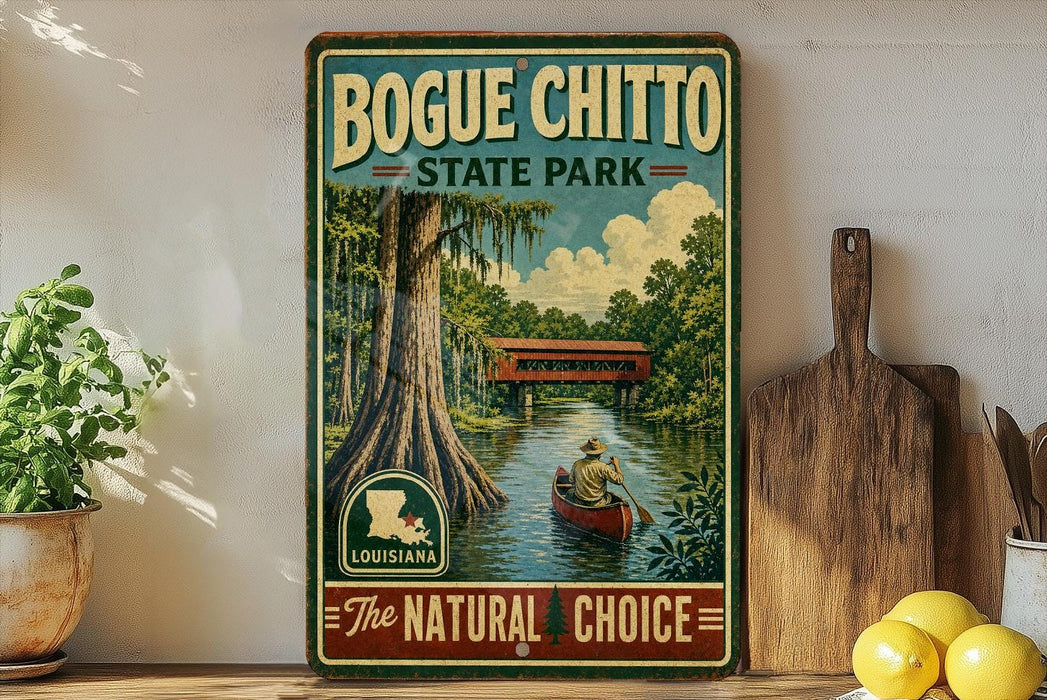 A vintage-style sign for Bogue Chitto State Park, featuring a painting of a person in a red boat on a river surrounded by lush greenery.