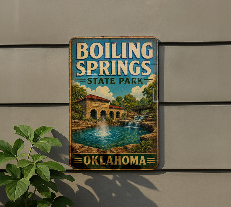 A vintage-style sign for Boiling Springs State Park in Oklahoma, featuring a scenic illustration of a waterfall and a building.