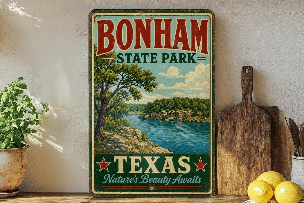 A vintage-style sign for Bonham State Park in Texas, featuring a scenic landscape with a river and trees.