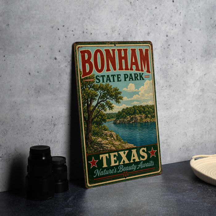 A vintage-style metal sign for Bonham State Park in Texas, featuring a scenic landscape with a lake and trees.