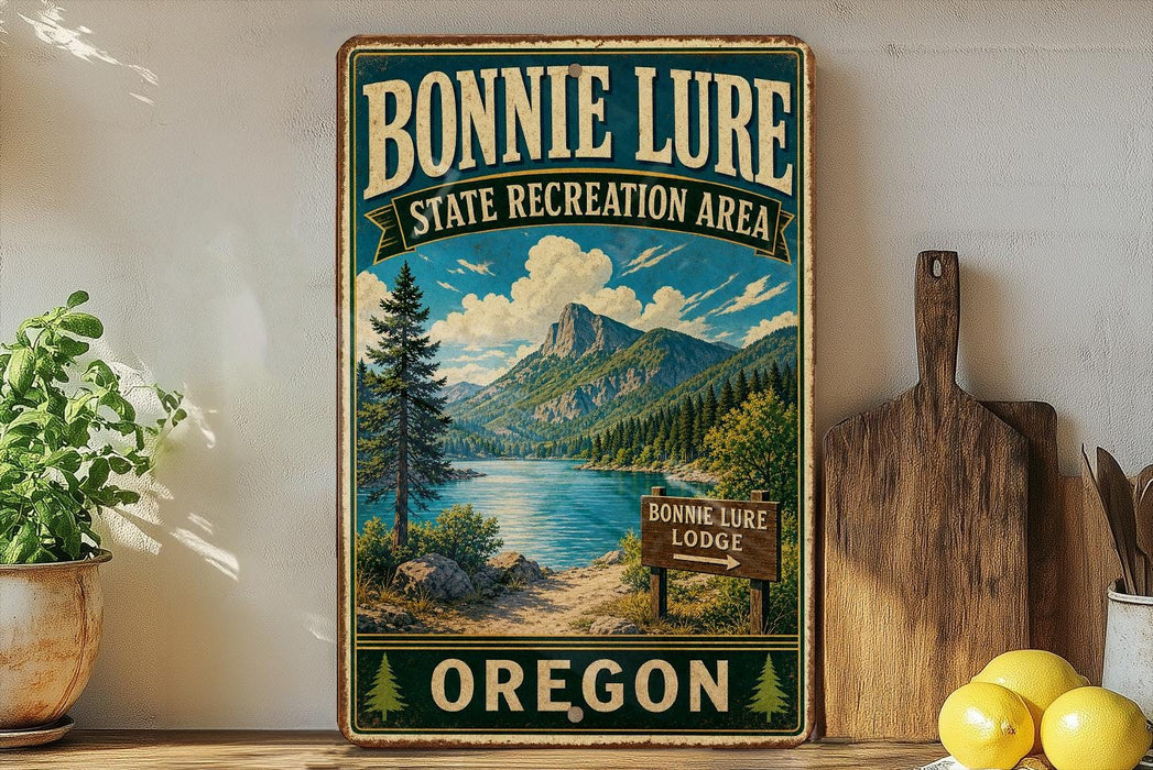 A vintage-style sign for Bonnie Lure State Recreation Area in Oregon, featuring a scenic mountain landscape with a lake and pine trees.