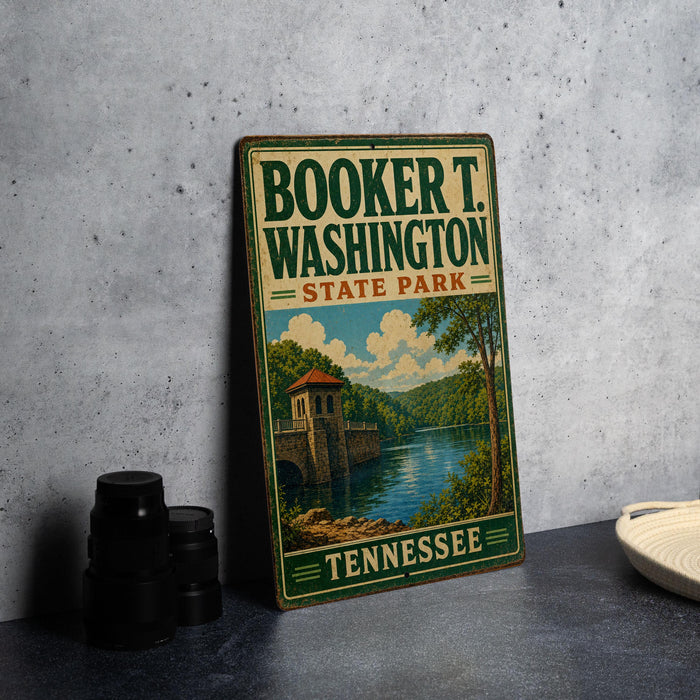 A vintage metal sign for Booker T. Washington State Park in Tennessee, featuring a scenic illustration of a lake and a bridge.