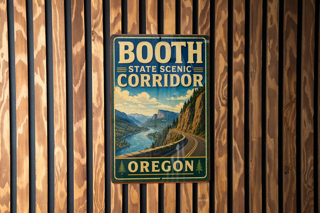 A vintage-style metal sign for the Booth State Scenic Corridor in Oregon, featuring a scenic mountain landscape with a winding road.