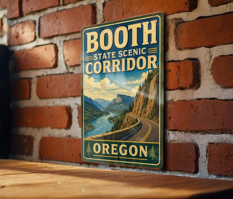 A vintage-style metal sign for the Booth State Scenic Corridor in Oregon, featuring a scenic mountain landscape with a winding road.