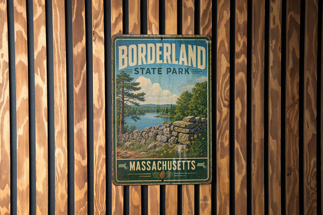 A vintage metal sign for Borderland State Park in Massachusetts, featuring a scenic landscape with a lake, trees, and a stone wall.