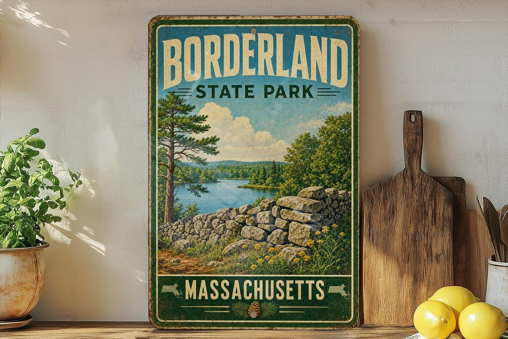 A vintage-style sign for Borderland State Park in Massachusetts, featuring a scenic landscape with a lake, trees, and a stone wall.