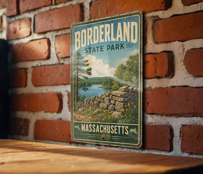 A vintage metal sign for Borderland State Park in Massachusetts, featuring a scenic landscape with a lake, trees, and a stone wall.