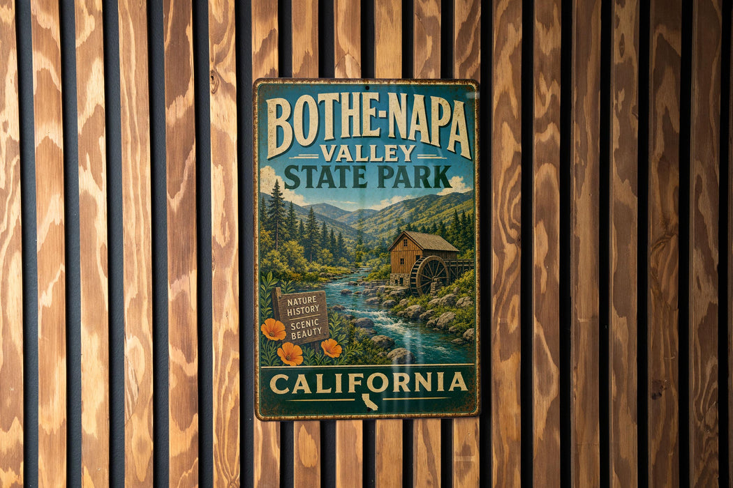 A vintage metal sign for Bothe-Napa Valley State Park in California, featuring a scenic image of a river and mountains.