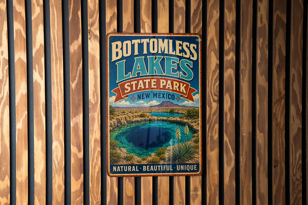 A vintage-style metal sign for Bottomless Lakes State Park in New Mexico, featuring a scenic image of the lake surrounded by mountains and desert landscapes.