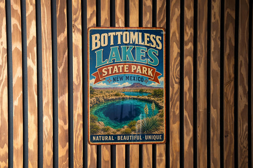 A vintage-style metal sign for Bottomless Lakes State Park in New Mexico, featuring a scenic image of the lake surrounded by mountains and desert landscapes.