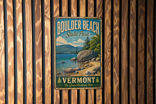A vintage metal sign for Boulder Beach State Park in Vermont, featuring a scenic landscape with mountains, a lake, and a rocky shoreline.