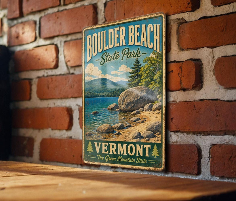 A vintage-style metal sign for Boulder Beach State Park in Vermont, featuring a scenic landscape with mountains, trees, and a lake.