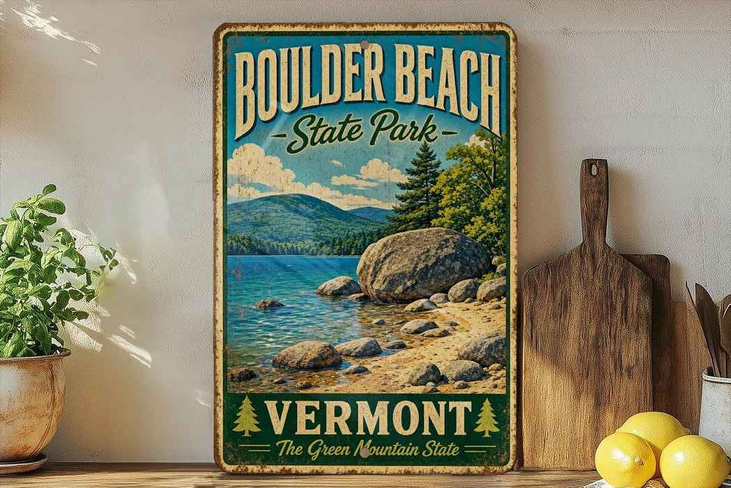 A vintage-style sign for Boulder Beach State Park in Vermont, featuring a scenic landscape with mountains, trees, and a lake.