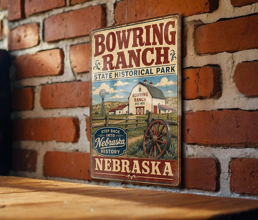 A vintage-style metal sign for Bowring Ranch Historical Park in Nebraska, featuring a barn, windmill, and other rural elements.