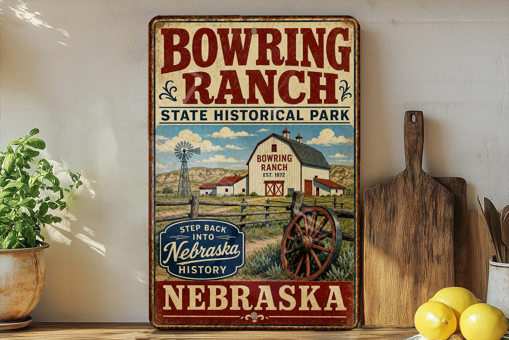 A vintage-style metal sign for Bowring Ranch State Historical Park in Nebraska, featuring a barn, windmill, and other rural elements.