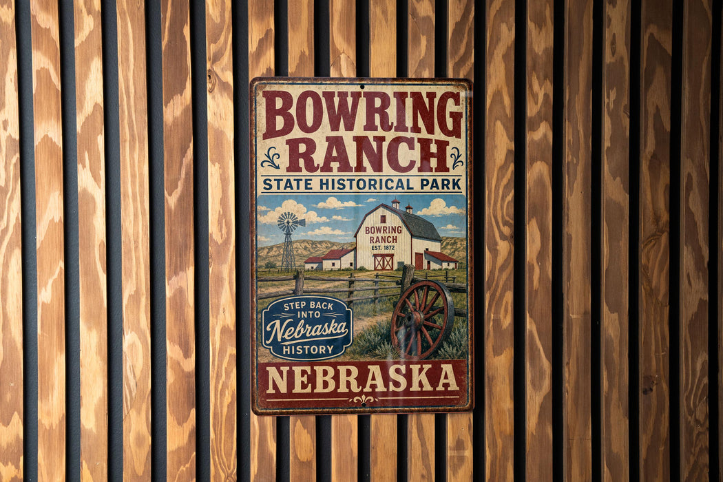 A vintage-style metal sign for Bowring Ranch State Historical Park in Nebraska, featuring a barn and windmill in the background.