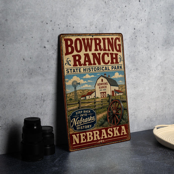 A vintage-style metal sign for Bowring Ranch State Historical Park in Nebraska, featuring an illustration of a farm and a windmill.