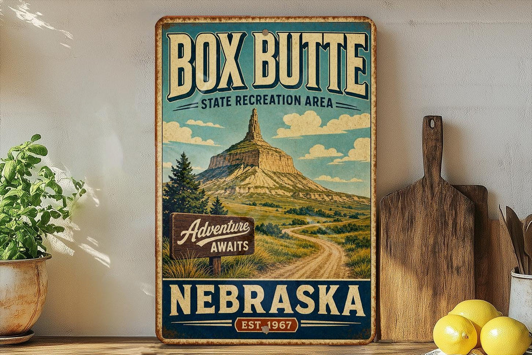 A vintage-style sign for Box Butte State Recreation Area in Nebraska, featuring a mountain landscape and a wooden sign that says "Adventure Awaits".