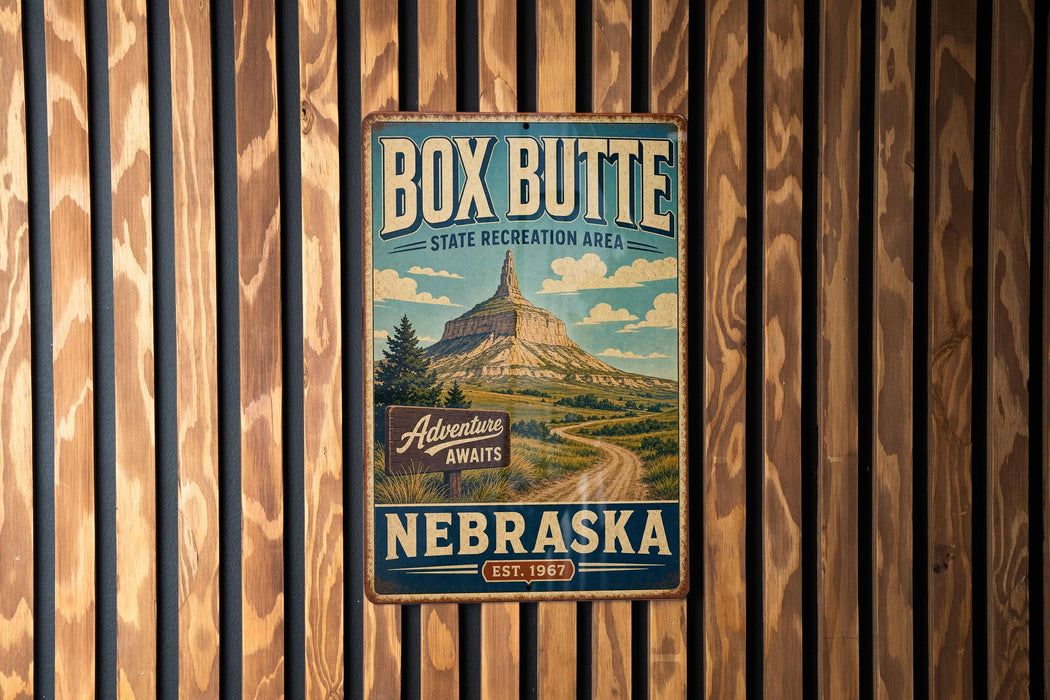 A vintage metal sign for Box Butte State Recreation Area in Nebraska, featuring a mountain landscape and a road leading to the mountain.