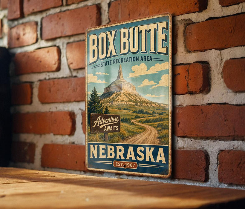 A vintage-style metal sign for the Box Butte State Recreation Area in Nebraska, featuring a mountain landscape and a sign that says "Adventurous Awaits".