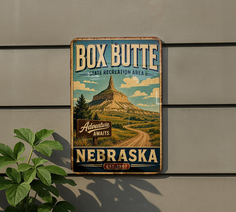 A vintage-style metal sign for Box Butte State Recreation Area in Nebraska, featuring a mountain landscape and a road leading to the entrance.