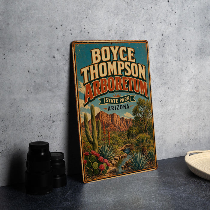 A vintage-style sign for Boyce Thompson Arboretum, a desert park in Arizona, featuring a desert landscape with cacti and mountains in the background.